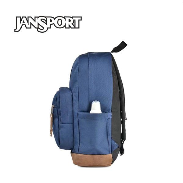 Jansport 後背包 雙肩書包 戶外休閒 皮革拼接 情侶款 海軍藍