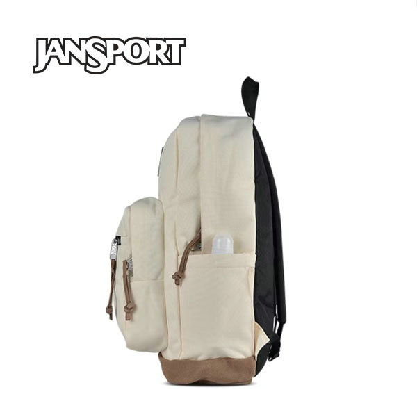 Jansport 後背包 皮革拼接 滌綸 大容量 雙肩書包 情侶款 米白色