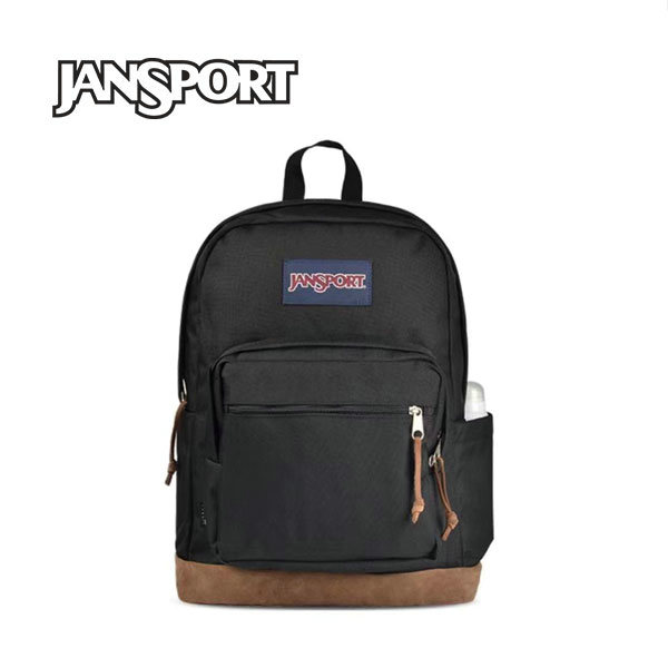 Jansport 後背包 雙肩包 復古皮革拼接 戶外旅遊 大容量 黑色 男女同款